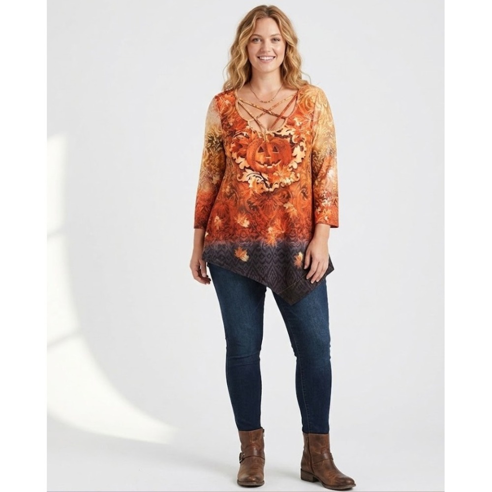 One World Lace Detail Pumpkin Print Stretch Asymmetric Hem Top Large